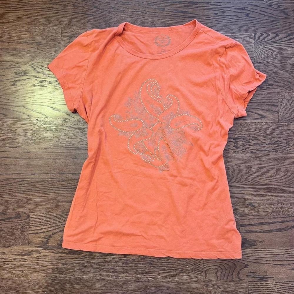 Y2K Coral Orange Paisley Rhinestone Graphic T-Shirt Vintage Embellished Top XL
